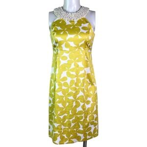 INC YELLOW & WHITE SATEEN & PEARL SLEEVELESS DRESS